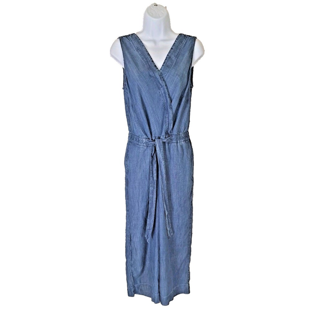 Talbots Jumpsuit 8 Blue Denim Chambray Ankle Length Wide Leg Sleeveless Pockets